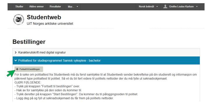 Steg 2 bestille politiattest Bildet viser bestilling av politiattest